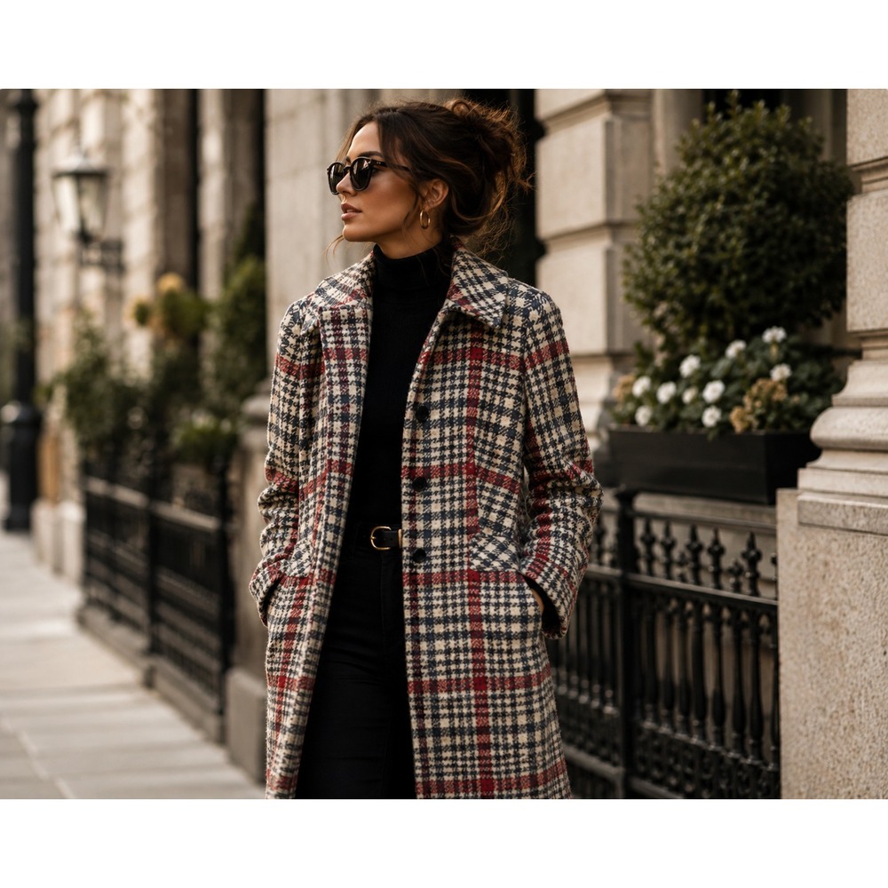 Talbots Wool Blend Plaid Houndstooth Coat Red Windowpane Long Petite 2 Lined